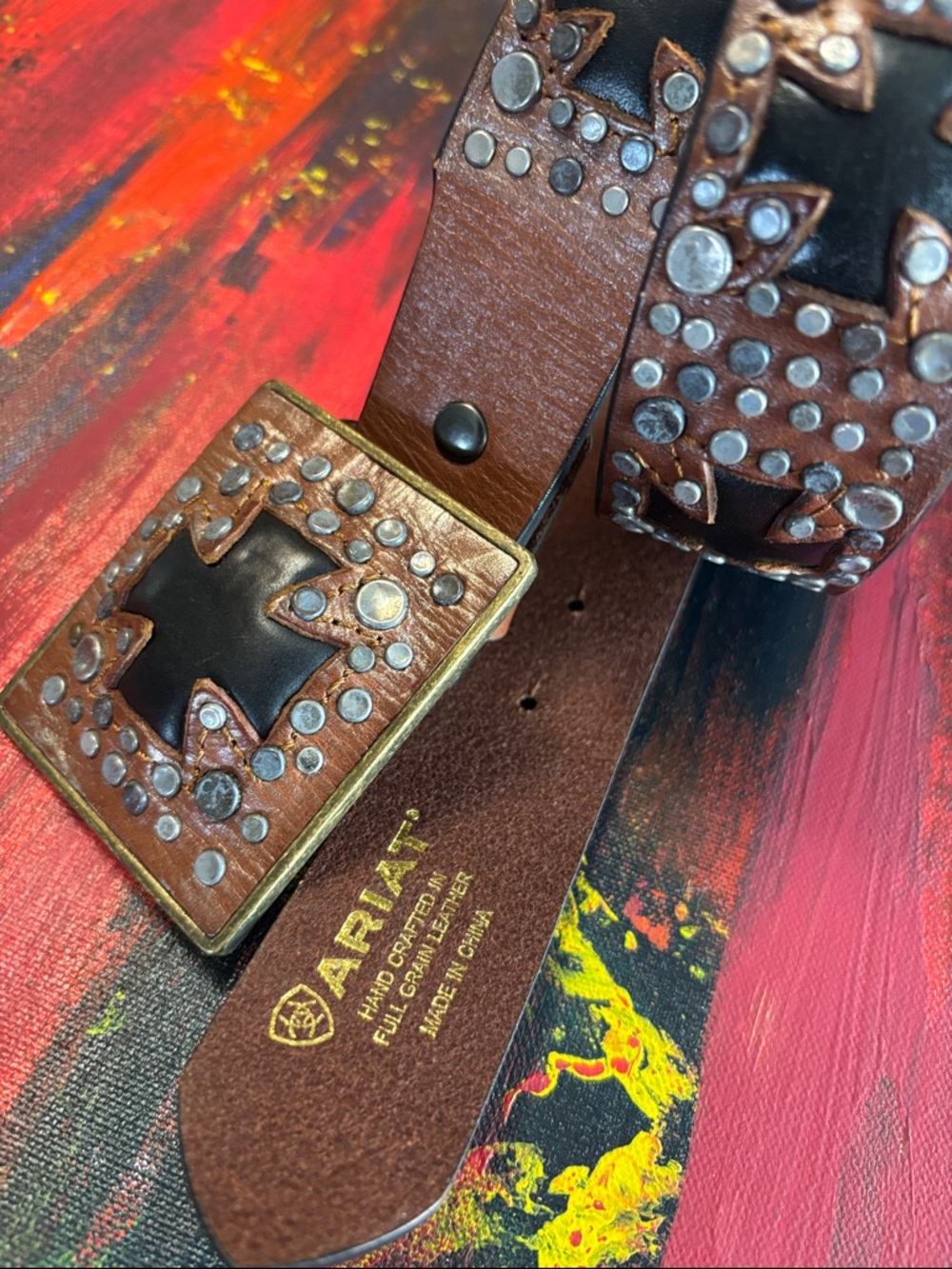 Ariat Brown Genuine Leather Studded Iron Cross Belt